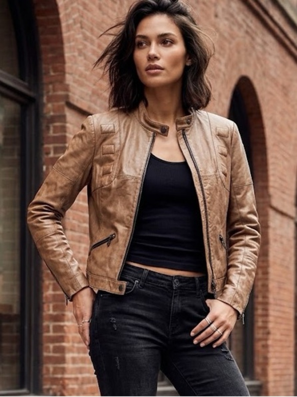 Vintage Prada Brown Moto Cropped Leather Biker Jacket 1990's 42 Small/Medium